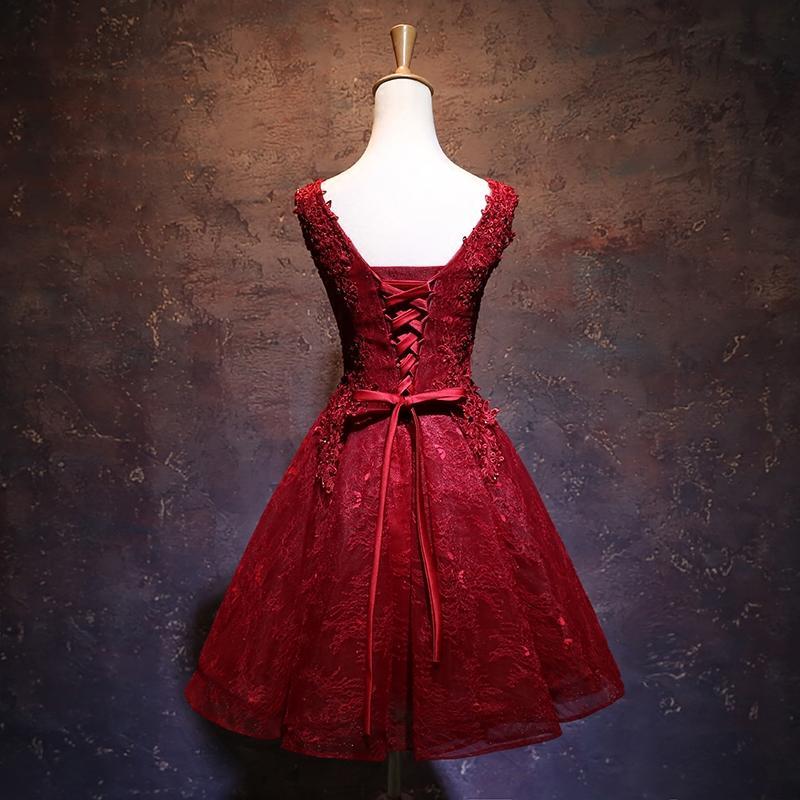 Wine Red Short Cute V-Neckline -Up Teen Party Autumn Lace Homecoming Dresses Dress CD12616