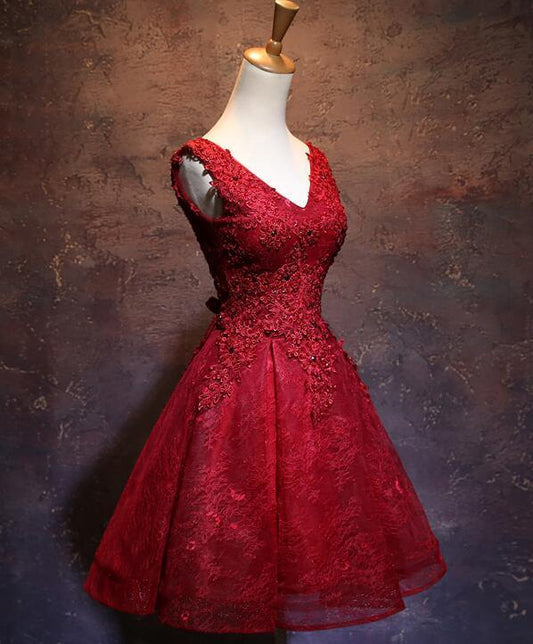 Wine Red Short Cute V-Neckline -Up Teen Party Autumn Lace Homecoming Dresses Dress CD12616