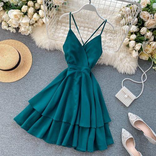 Women Dress Chic Akira Homecoming Dresses Spaghetti Strap Vestidos Sweet V Neck Sexy Backless Slim Waist Ruffle Beach CD12792