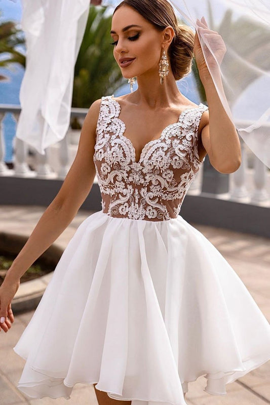 Lace Homecoming Dresses Cocktail Myah White V Neck Tulle Short Dress White Dress CD12808