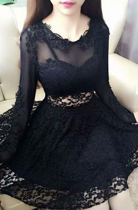 Liz Homecoming Dresses Lace Sexy Black Jewel Neck Long Sleeves A-Line Short CD1282