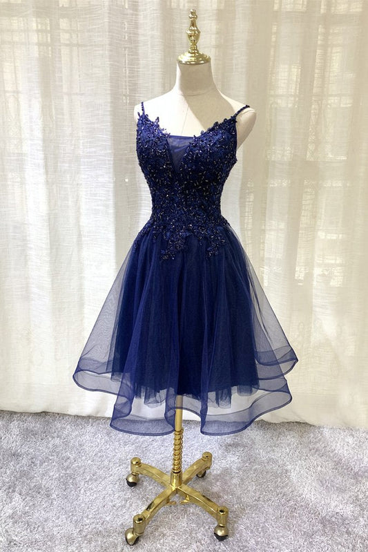 Navy Homecoming Dresses Lace Ariella Blue V-Neckline Tulle Short Applique Short Party Dress CD13782