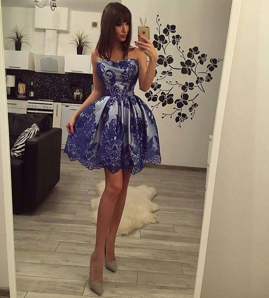 Lace Selina Royal Blue Cocktail Homecoming Dresses Sweetheart Short Ball Gown Party Dress With Overlay CD14069