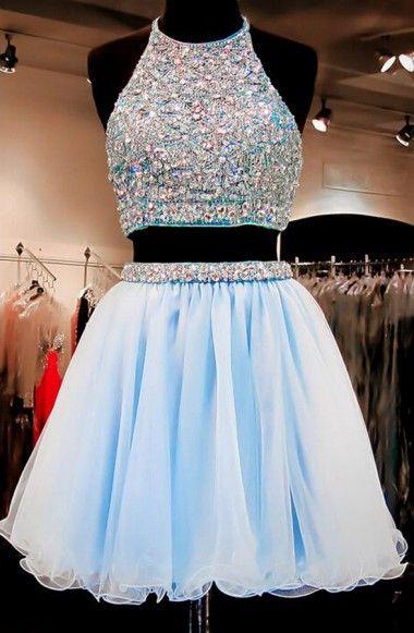 Two Piece A-Line Karli Homecoming Dresses Halter Organza Beaded Short Light Blue CD146