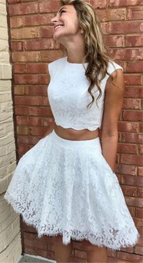 Two Piece Crew Above-Knee White Lace Homecoming Dresses Kassidy With Pockets CD1464