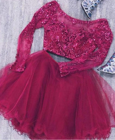 Two Piece Long Lace Homecoming Dresses Madge Sleeves Tulle Short With Beads CD1507