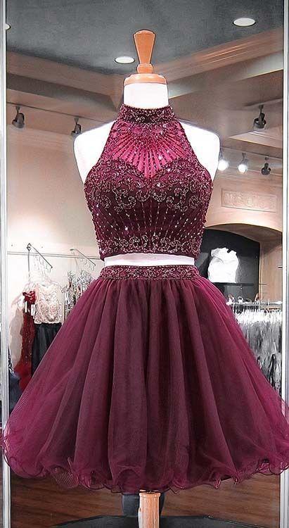 Burgundy Two Piece Beading Stylish Short Tulle Mckinley Homecoming Dresses Party Gowns CD1630