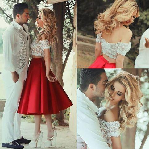 Two Piece Red Off-The-Shoulder White Homecoming Dresses Lace Cadence Satin Short Sleeve Tea-Length Party Dresses CD167