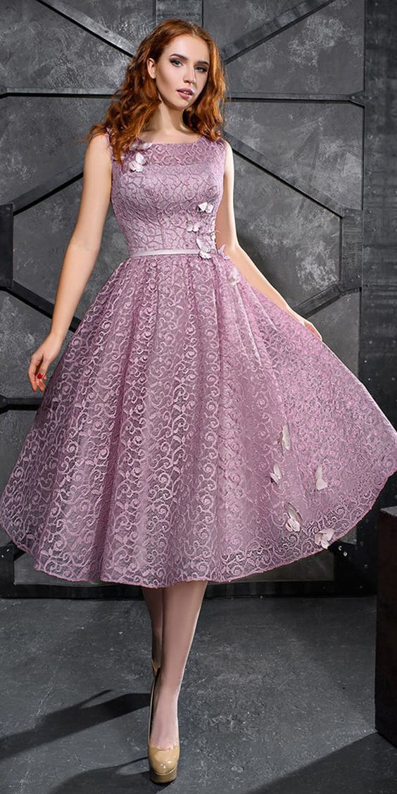 Exciting Scoop Neckline Tea-Length A-Line Homecoming Dresses Jillian Lace With Sash & Handmade Flowers With Beadings CD1864