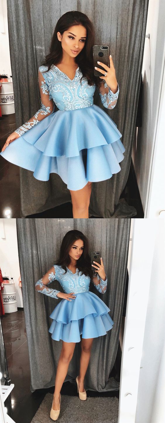 Long Nell Homecoming Dresses Lace Sleeves Short Blue Dresses Short Blue Graduation Formal Dresses CD188