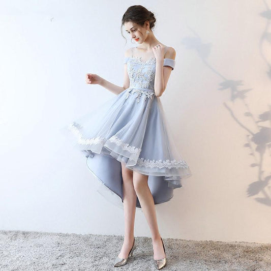 Beautiful Light Grey Tulle Off Shoulder High Low Phyllis Homecoming Dresses Lace Party Dress Grey CD19612