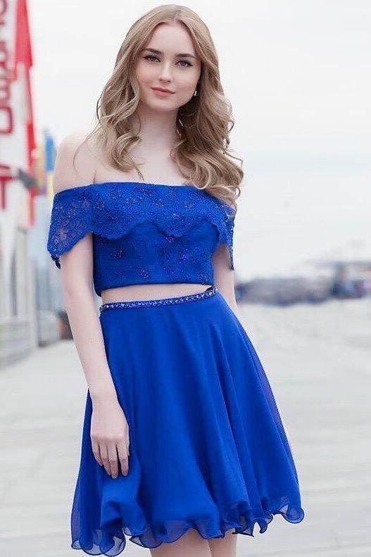 Two Piece Dress Sexy Lace Homecoming Dresses Royal Blue Mila Short Party Dress For Party CD2133