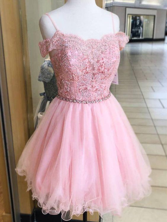 Off Shoulder Short Off Lace Pink A Line Bailee Homecoming Dresses Shoulder Formal Graduation Evening Dresses CD21340