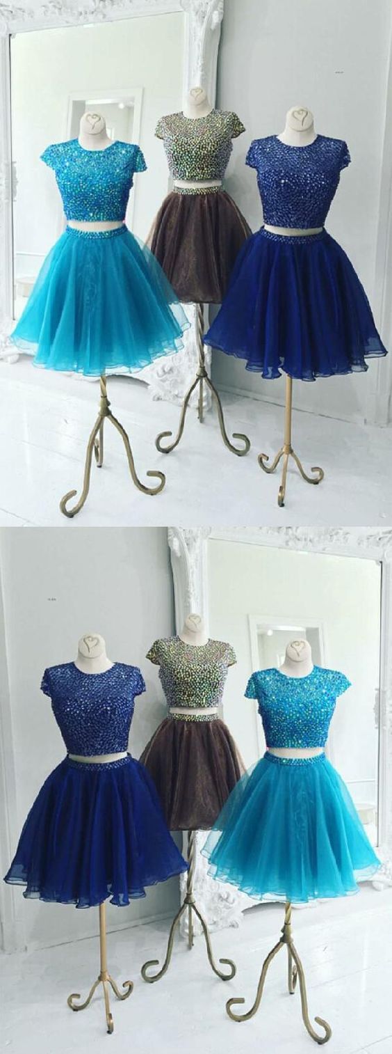 Beautiful Two Piece Stunning Two Piece Jewel Cap Sleeves Homecoming Dresses Carlee Royal Blue Short Organza CD2135