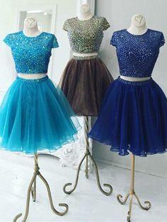 Beautiful Two Piece Stunning Two Piece Jewel Cap Sleeves Homecoming Dresses Carlee Royal Blue Short Organza CD2135