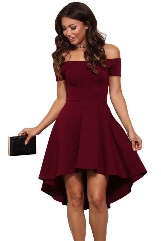 Charming Burgundy Dress Off The Shoulder Party Dress High-Low Evening Dress Cheap Homecoming Dresses Norah CD22