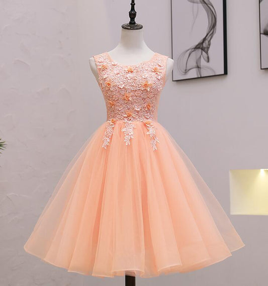 Lace Pink Homecoming Dresses Jazlene Cute Flowers And Applique Round Neckline Party Dress CD22425