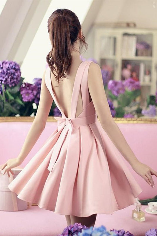 Cute V Myla Satin Homecoming Dresses Pink Neck Open Back Short V Neck Formal Graduation Evening Dress CD22584