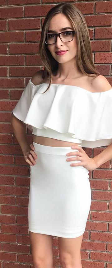 Sexy Two Piece Off The Shoulder Short Jaslyn Homecoming Dresses White Tight CD22881