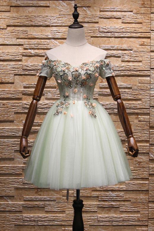 Light Mint Green Knee Length Floral Sweetheart Party Dress Tulle Short Homecoming Dresses Annabelle Lace CD22968