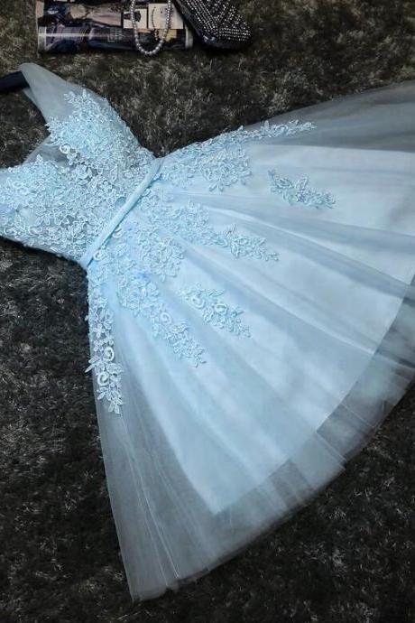 Lovely Blue Tulle V-Neckline Short Party Dress Lace Ashlyn Homecoming Dresses Tulle With CD23196