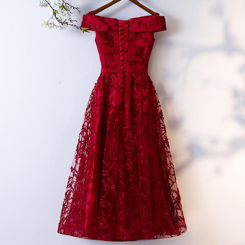 Dark Red Off Shoulder Short Party Dress Formal Vivien Lace Homecoming Dresses Dress Wine Red CD23215