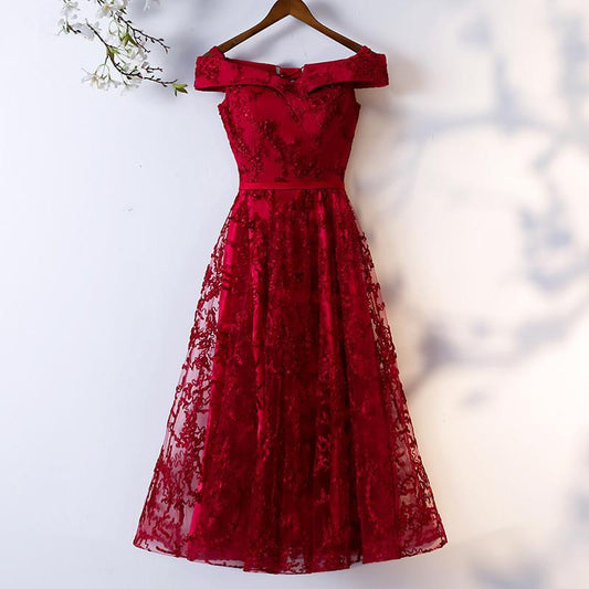 Dark Red Off Shoulder Short Party Dress Formal Vivien Lace Homecoming Dresses Dress Wine Red CD23215