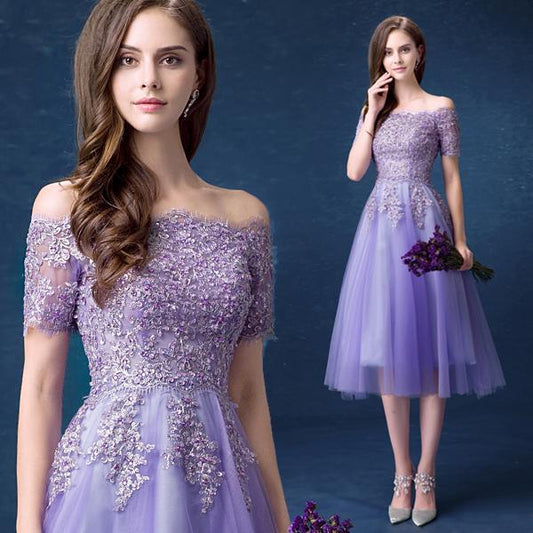 Lavender Tulle Short Lace Cheyanne Homecoming Dresses Applique Beaded Off Shoulder Party Dress Short CD23216