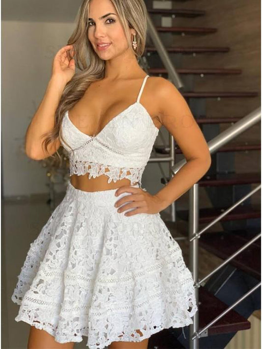 Two Piece Spaghetti Homecoming Dresses Hanna Lace Straps Short White CD23868