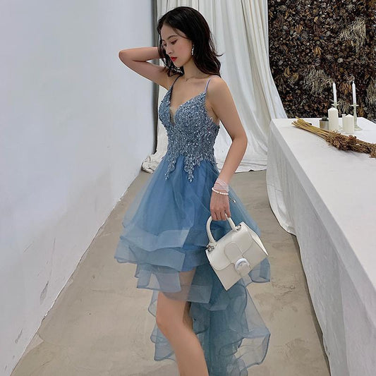 Blue High Low Meghan Lace Homecoming Dresses Layers Tulle With Applique Party Dresses Blue CD23950