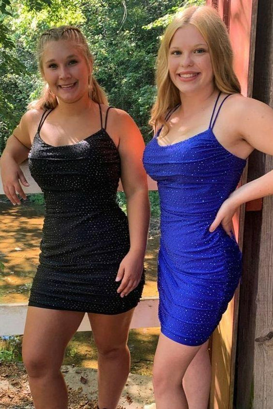 Tight Black/ Short With Spaghetti Straps And Quinn Lace Homecoming Dresses Royal Blue Up Back. CD24035