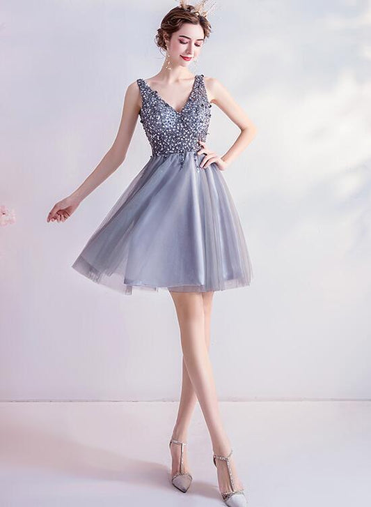 Sliver-Grey Homecoming Dresses Mariah Beaded Short Tulle New Party Dress Grey V-Neckline Short Formal Dress CD24152