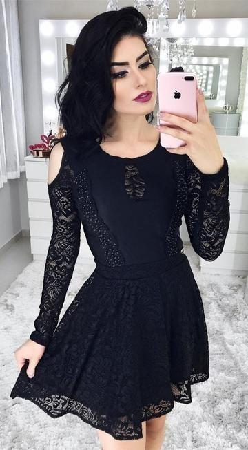 Long Sleeve Black For Teens Cold Shoulder Little Black Dress Semi Formal Kaylin Homecoming Dresses Dress For Junior CD24438