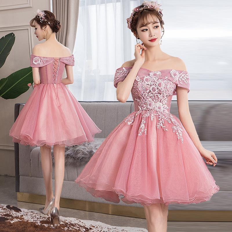 Lovely Applique Off Homecoming Dresses Nayeli Pink Lace Shoulder Cute Party Dress Short Formal Dress CD24556