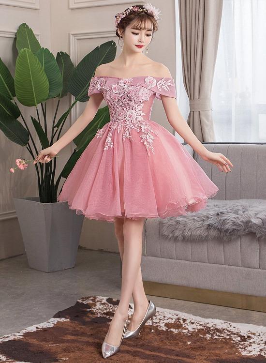 Lovely Applique Off Homecoming Dresses Nayeli Pink Lace Shoulder Cute Party Dress Short Formal Dress CD24556