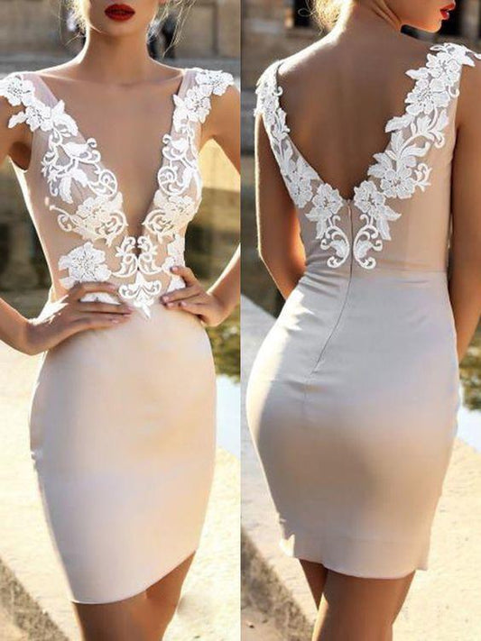 White Patchwork Zipper Backless Bodycon Deep V-Neck Elegant Mini Dress Homecoming Dresses Lace Jayden CD24588