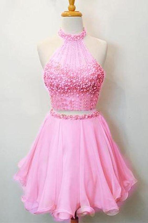 Hot Two Piece Halter Beaded Scoop Neck Pink Presley Homecoming Dresses Keyhole Back CD24615