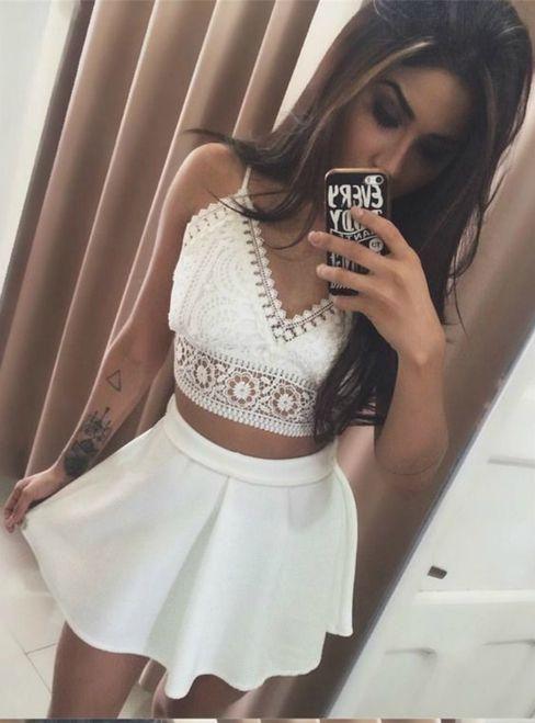 White Two Piece Spaghetti Straps Hailee Lace Homecoming Dresses Short CD24635