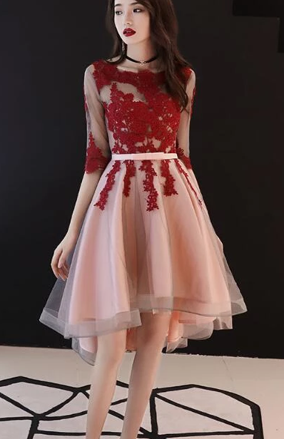 Beautiful 1/2 Sleeves High Liberty Lace Homecoming Dresses Low Red Party Dress Short CD2507