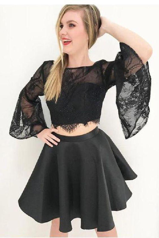 Two Piece Homecoming Dresses Grace Black Short 2 Piece Bell Sleeves CD254