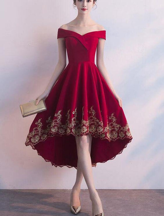 Beautiful Red High Low Party Dress With Gold Applique Stylish Formal Dress Cute Sal Homecoming Dresses Party Dress CD2658