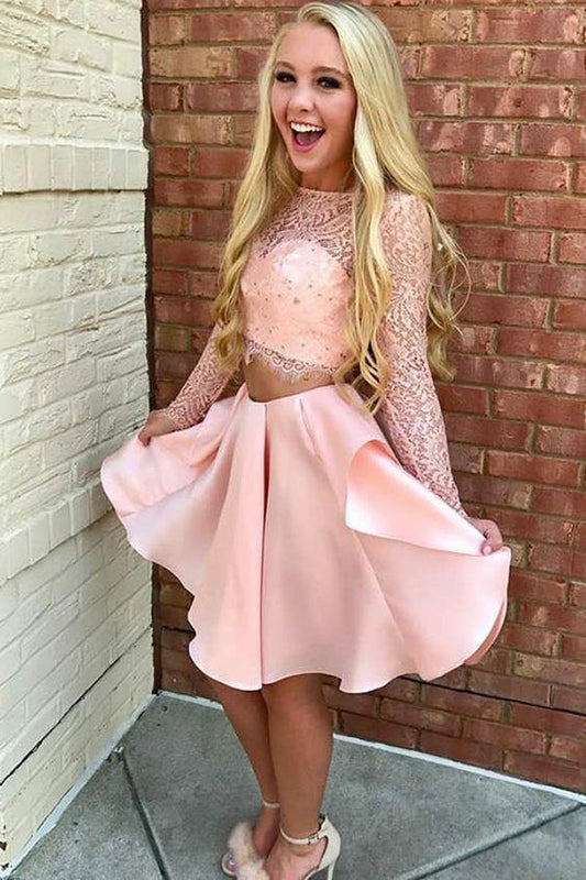 Two Piece Jewel Long Sleeves Short With Homecoming Dresses Pink Uerica Lace Party Dress CD2728