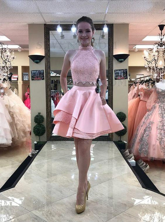 Two Piece Pink Jada Homecoming Dresses Lace High Neck Above-Knee With Pockets CD2832