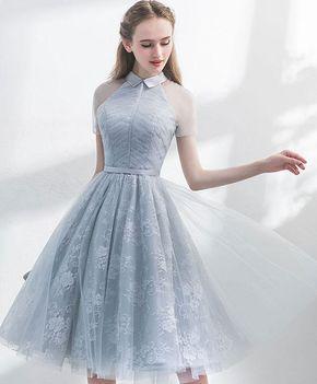 Unique Grey Tulle A-Line See Through Short Sleeves Dress Elegant Party Giselle Homecoming Dresses Dress CD290