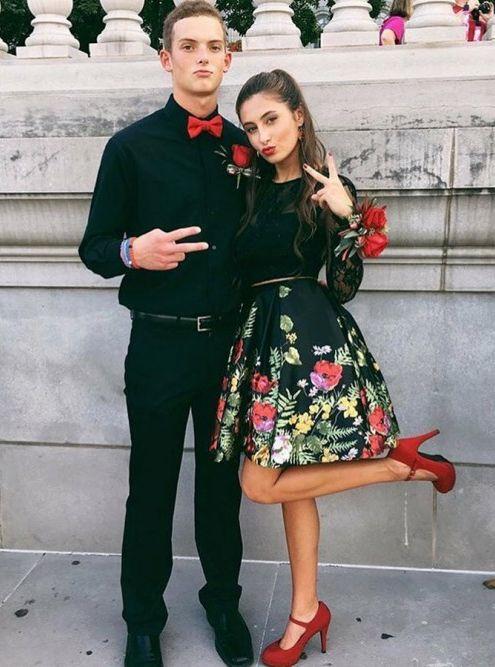 Satin Homecoming Dresses Simone Lace Two Piece Jewel Bodice Long Sleeve With Floral Print Skirt CD3276