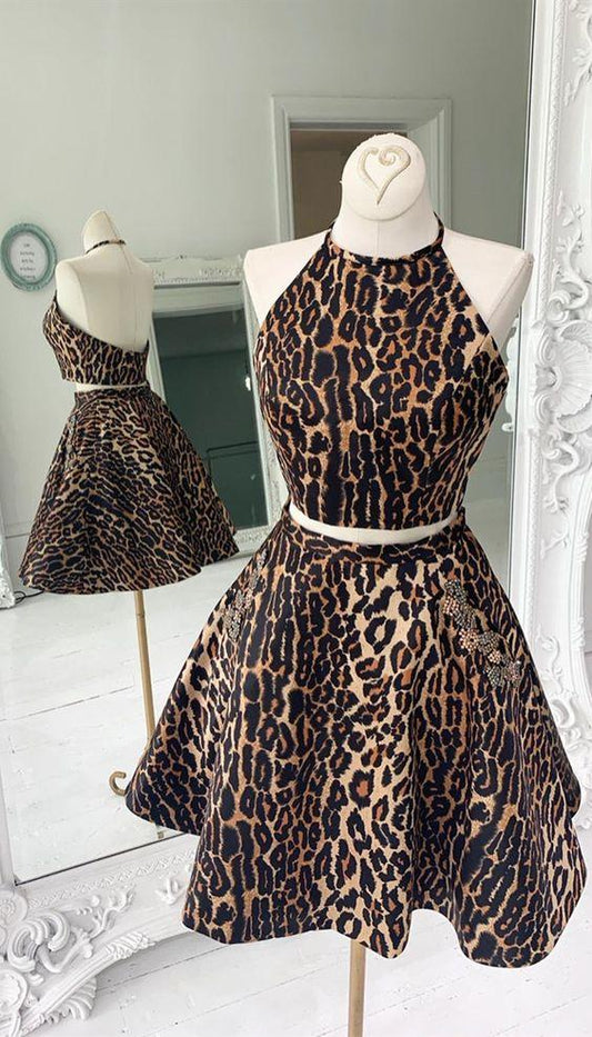 Backless Leopard Short Two Pieces A Line Homecoming Dresses Jaylyn With Pockets CD3431