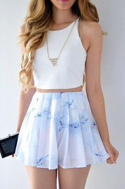 Two Piece Bateau Short Printed White Chiffon Homecoming Dresses Luciana CD368