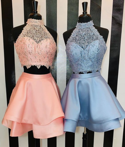 Two Piece Round Neck Short Homecoming Dresses Satin Lace Hadassah Blue With CD3826