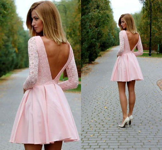 Sexy Mini Long Beatrice Homecoming Dresses Lace Pink Sleeves Party Dress Deep V Back Backless Club Dresses CD386