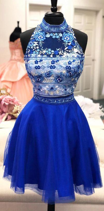 Two Piece With High Neck And Floral Top Royal Blue Homecoming Dresses Viv CD3900